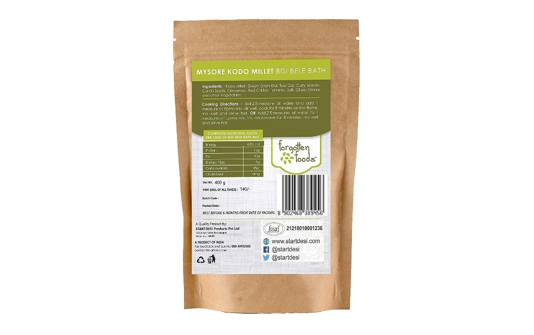 Forgotten Foods Kodo Millet Mysore Bisi Bele Bath   Pack  400 grams